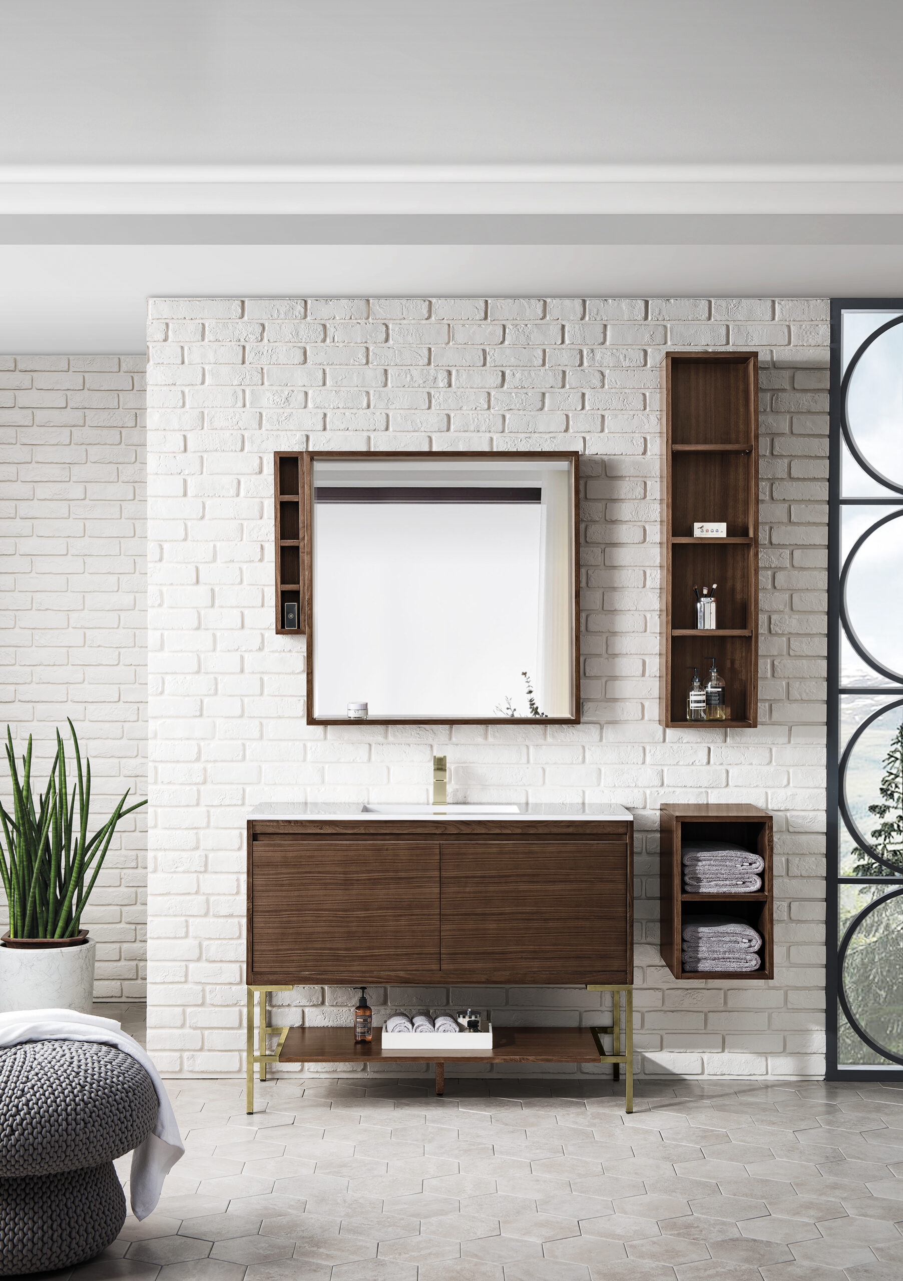 Mantova 47.3" Single Vanity, Mid-Century Walnut, Champagne Brass Base w/ Glossy White Composite Stone Top - Image 2