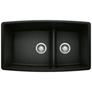 Blanco Performa SILGRANIT 33″ 60/40 Double Bowl Undermount Kitchen Sink with Low Divide – Coal Black