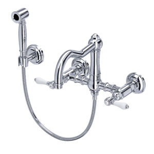 ROHL Acqui® Wall Mount Bridge Kitchen Faucet With Sidespray And Column Spout In Polished Chrome