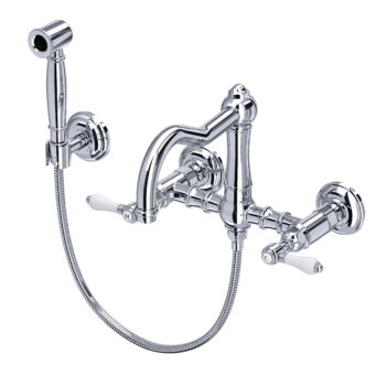 ROHL Acqui® Wall Mount Bridge Kitchen Faucet With Sidespray And Column Spout In Polished Chrome