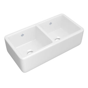 Shaws Lancaster™ 37″ Double Bowl Farmhouse Apron Front Fireclay Kitchen Sink In White (WH)