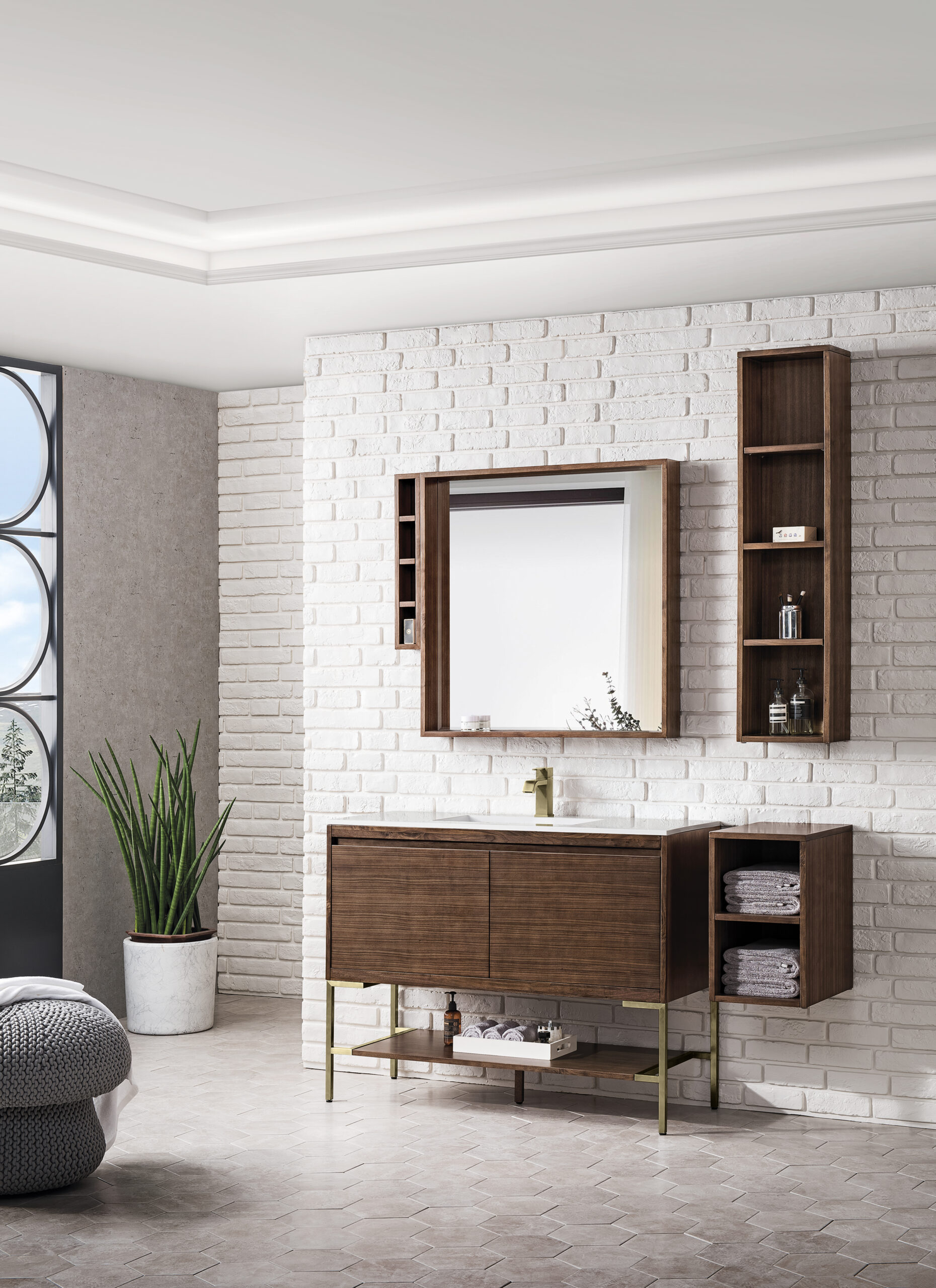 Mantova 47.3" Single Vanity, Mid-Century Walnut, Champagne Brass Base w/ Glossy White Composite Stone Top - Image 3