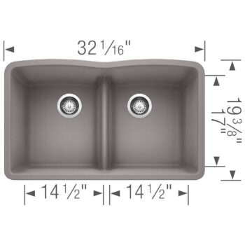 Blanco Diamond SILGRANIT 32" 50/50 Double Bowl Undermount Kitchen Sink with Low Divide - Metallic Gray - Image 4