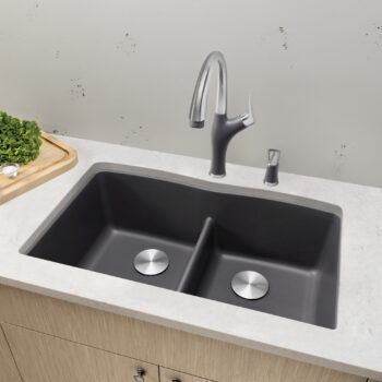Blanco Diamond SILGRANIT 32" 50/50 Double Bowl Undermount Kitchen Sink with Low Divide - Cinder - Image 4