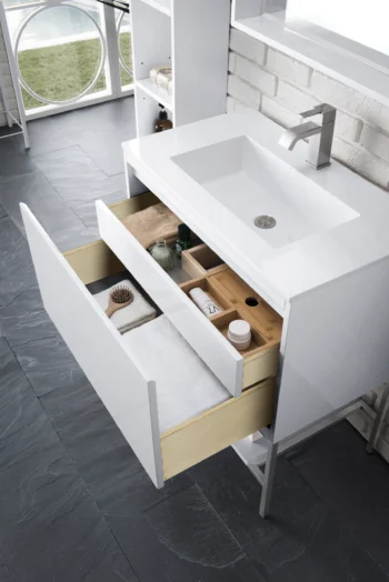 Mantova 31.5" Single Vanity, Glossy White, Brushed Nickel Base w/ Glossy White Composite Stone Top - Image 4