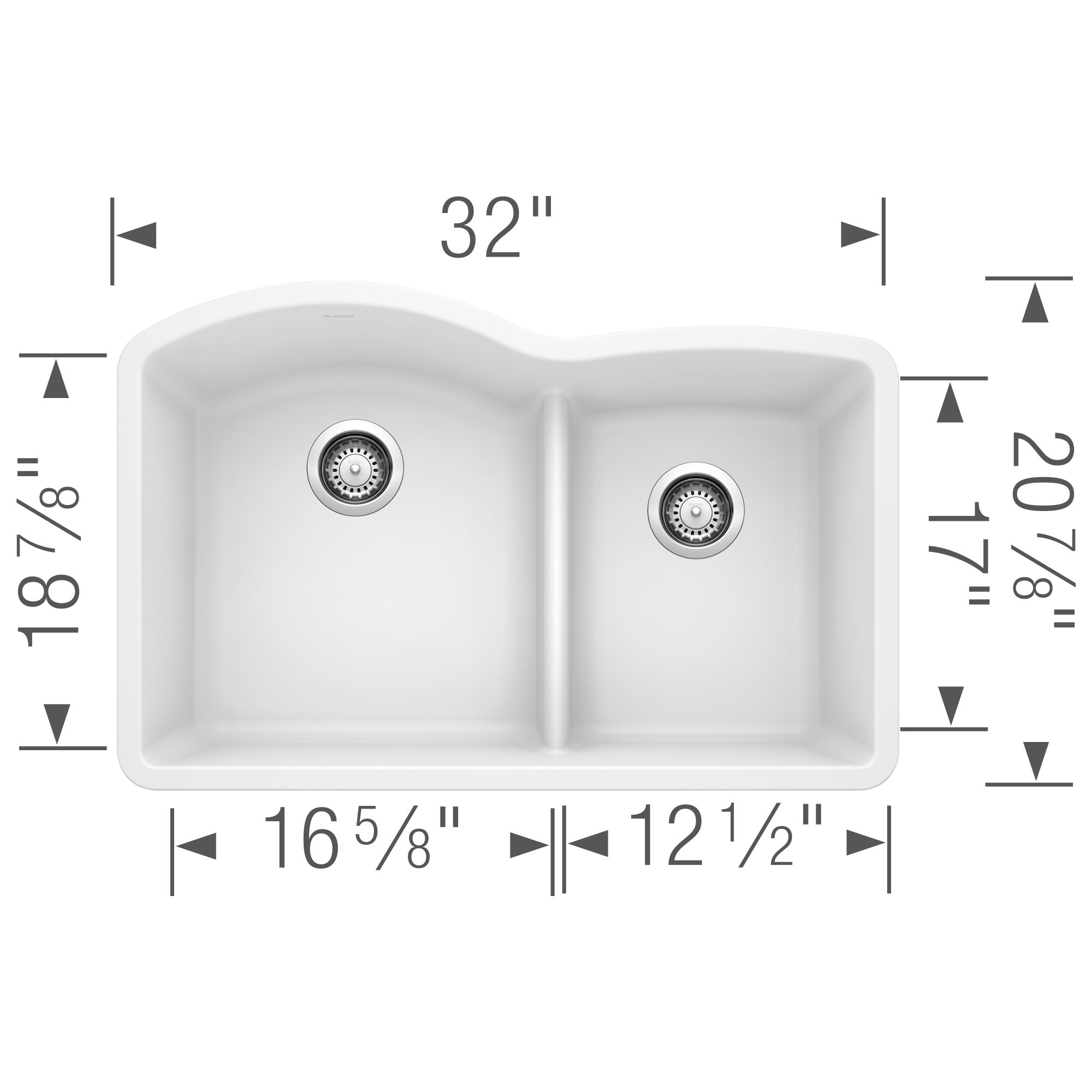 Blanco Diamond SILGRANIT 32" 60/40 Double Bowl Undermount Kitchen Sink with Low Divide - White - Image 5