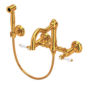 ROHL Acqui® Wall Mount Bridge Kitchen Faucet With Sidespray And Column Spout In Italian Brass