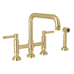 ROHL Campo™ Bridge Kitchen Faucet With Side Spray In Unlacquered Brass