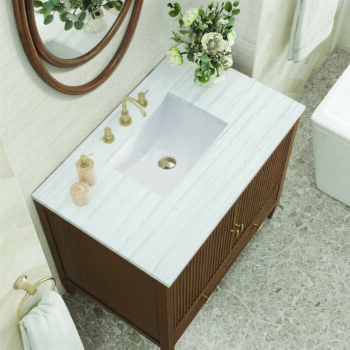 Myrrin 36" Vanity, Mid Century Walnut w/ 3 CM Arctic Fall Solid Surface Top - Image 5