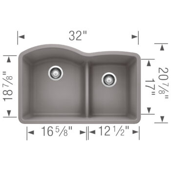 Blanco Diamond SILGRANIT 32" 60/40 Double Bowl Undermount Kitchen Sink with Low Divide - Metallic Gray - Image 3