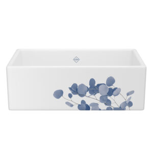 Shaws Shaker™ 33″ Single Bowl Farmhouse Apron Front Fireclay Kitchen Sink With Eucalyptus Design In Eucalyptus Blue/Silver