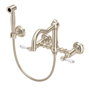 ROHL Acqui® Wall Mount Bridge Kitchen Faucet With Sidespray And Column Spout In Satin Nickel