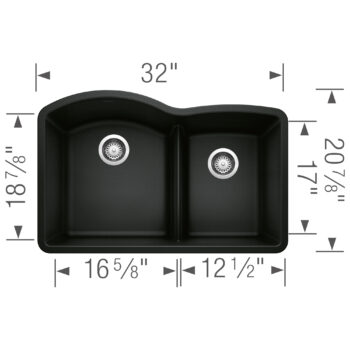 Blanco Diamond SILGRANIT 32" 60/40 Double Bowl Undermount Kitchen Sink with Low Divide - Coal Black - Image 4