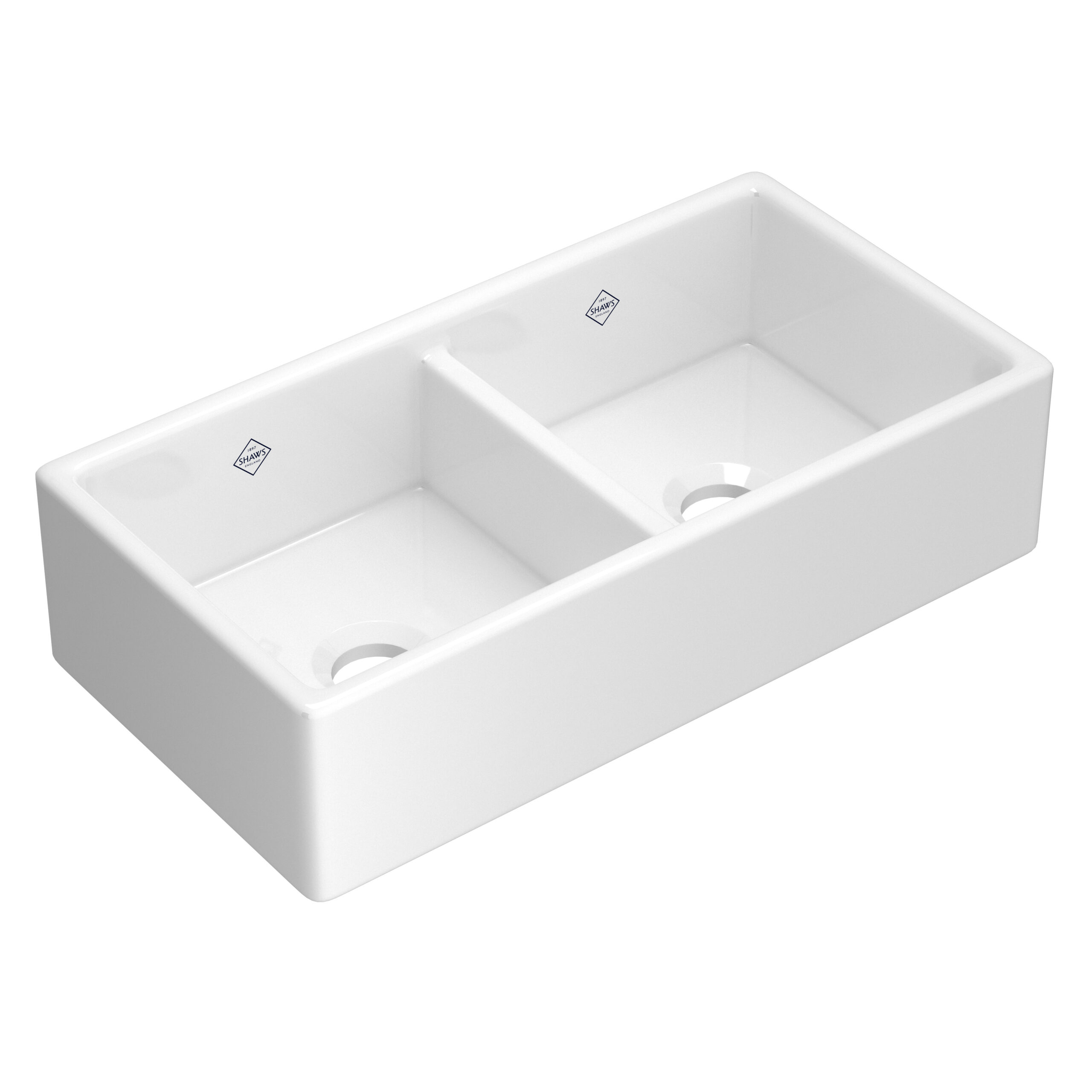 Shaws Shaker™ 35" Double Bowl Farmhouse Apron Front Fireclay Kitchen Sink In White (WH)