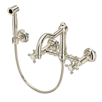 ROHL Acqui® Wall Mount Bridge Kitchen Faucet With Sidespray And Column Spout In Polished Nickel