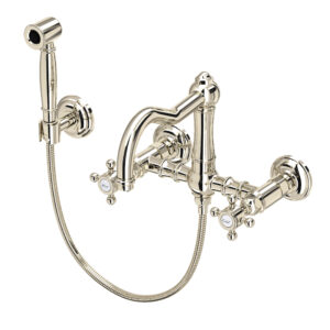 ROHL Acqui® Wall Mount Bridge Kitchen Faucet With Sidespray And Column Spout In Polished Nickel