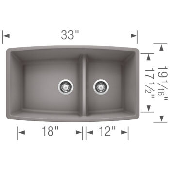 Blanco Performa SILGRANIT 33" 60/40 Double Bowl Undermount Kitchen Sink with Low Divide - Metallic Gray - Image 3