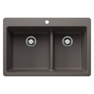 Blanco Liven SILGRANIT 33″ 60/40 Double Bowl Dual Mount Kitchen Sink with Low Divide – Volcano Gray