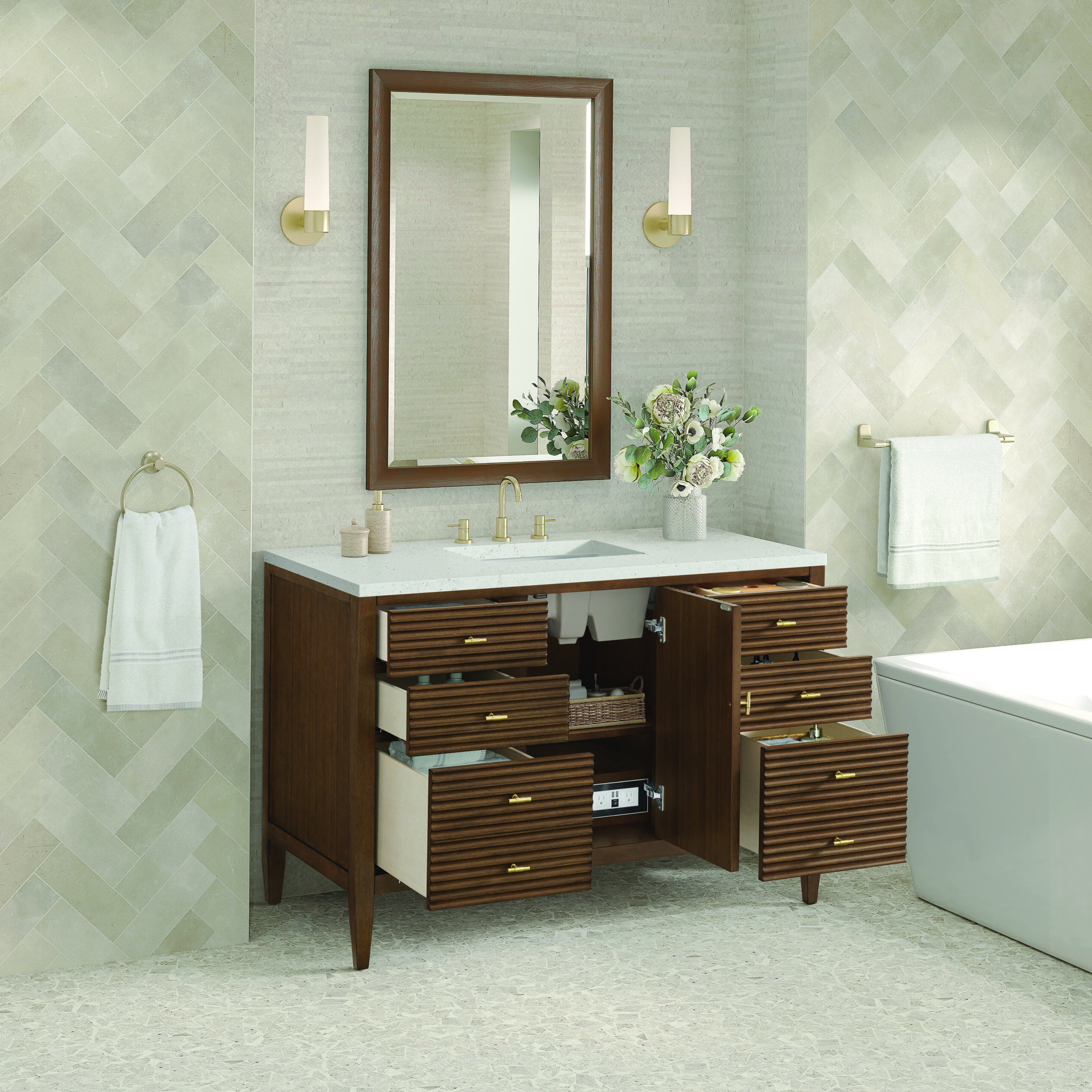 Myrrin 48" Vanity, Mid Century Walnut w/ 3 CM Lime Delight Quartz Top - Image 4