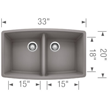 Blanco Performa SILGRANIT 33" 50/50 Double Bowl Undermount Kitchen Sink - Metallic Gray - Image 3