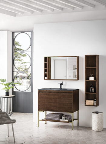 Mantova 35.4" Single Vanity, Mid-Century Walnut, Champagne Brass Base w/ Charcoal Black Composite Stone Top - Image 3