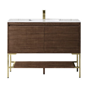 Mantova 47.3″ Single Vanity, Mid-Century Walnut, Champagne Brass Base w/ Glossy White Composite Stone Top