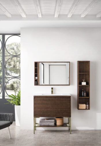 Mantova 35.4" Single Vanity, Mid-Century Walnut, Champagne Brass Base w/ Glossy White Composite Stone Top - Image 2
