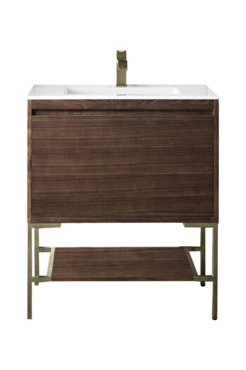 Mantova 31.5" Single Vanity, Mid-Century Walnut, Champagne Brass Base w/ Glossy White Composite Stone Top
