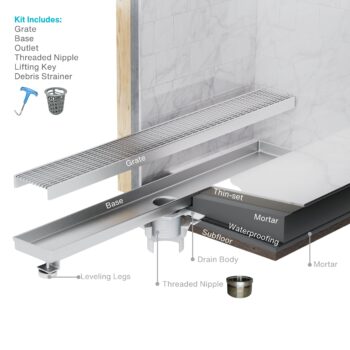 QM Delmar Series. 58" Standard length Plain Edge linear drain. Kai Line. Satin - Image 2