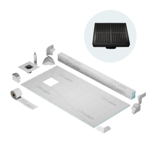 QM Off-Center Shower Pan Kit 32″ x 63″ with 4″ Kai Square Drain in Black