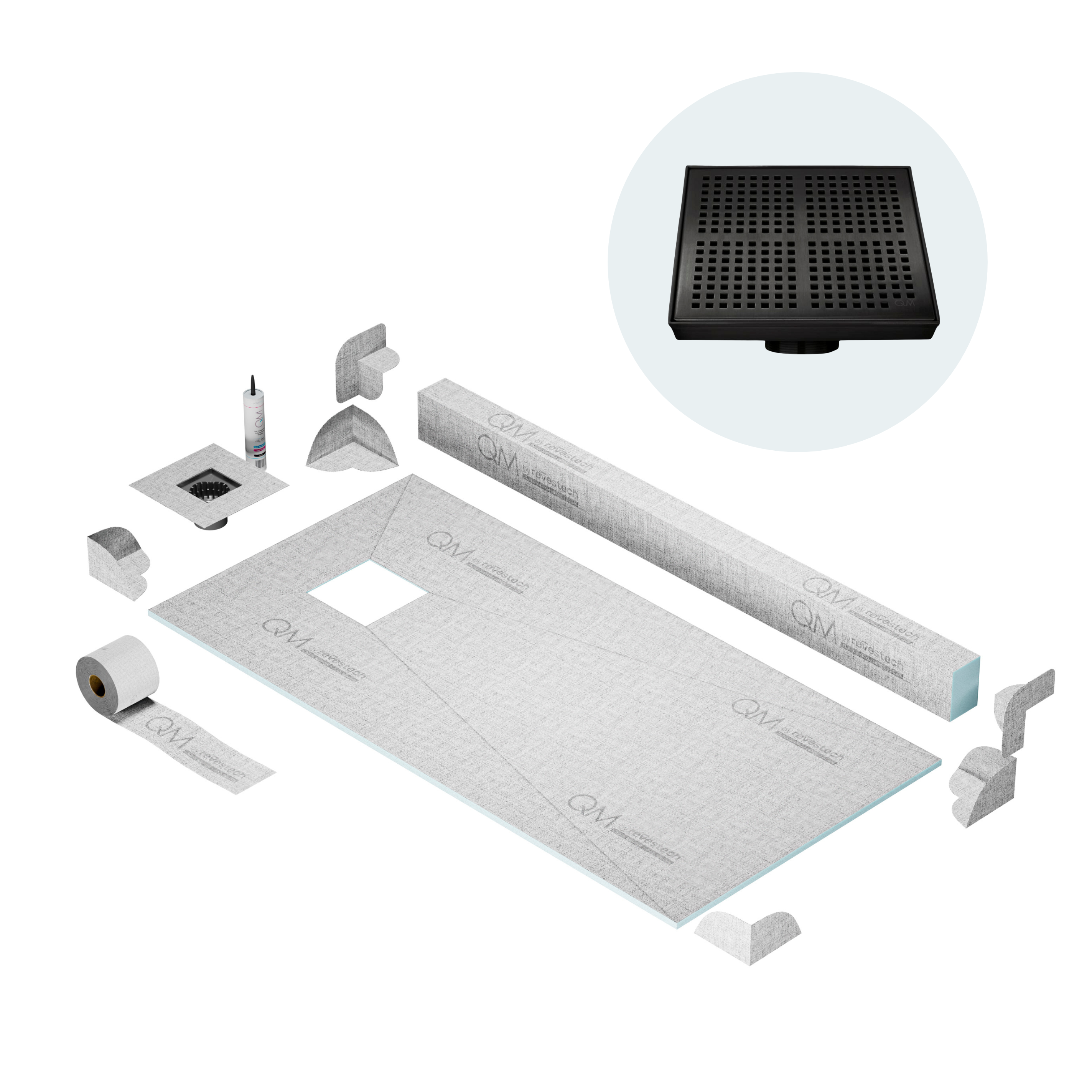 QM Off-Center Shower Pan Kit 32" x 63" with 4" Kai Square Drain in Black