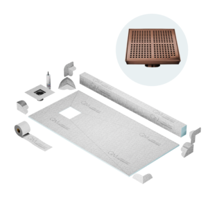 QM Off-Center Shower Pan Kit 32″ x 63″ with 4″ Kai Square Drain in Bronze