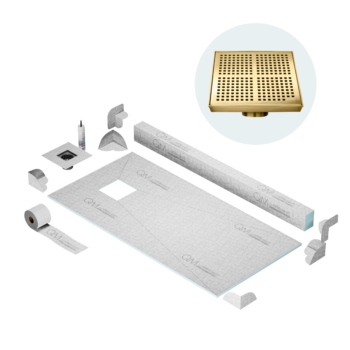 QM Off-Center Shower Pan Kit 32" x 63" with 4" Kai Square Drain in Gold