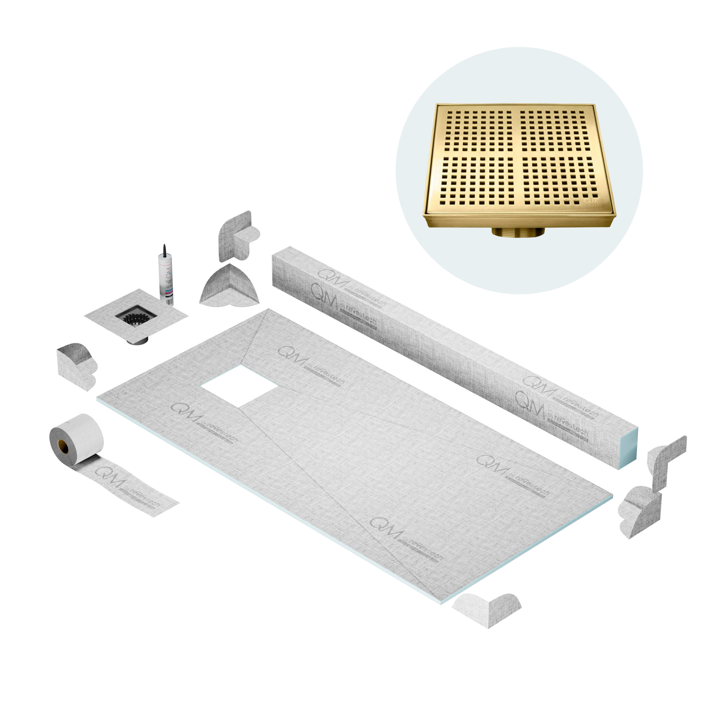 QM Off-Center Shower Pan Kit 32" x 63" with 4" Kai Square Drain in Gold