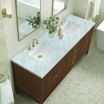 Myrrin 72" Double Vanity, Mid Century Walnut w/ 3 CM Carrara White Marble Top - Image 5