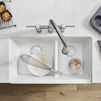 Blanco Ikon SILGRANIT 33" Double Bowl Apron-Front Farmhouse Sink with Low Divide - White - Image 6