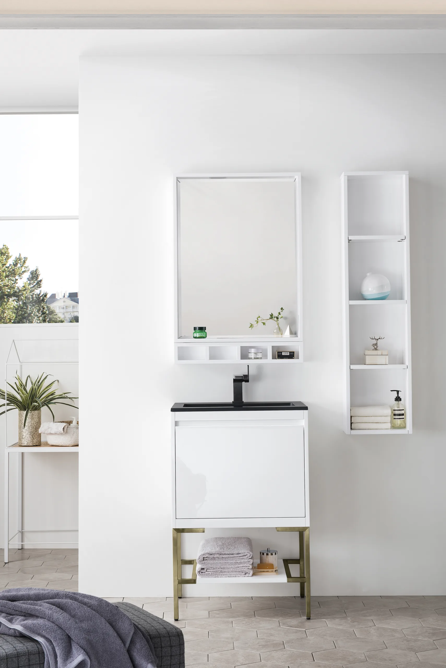Mantova 23.6" Single Vanity, Glossy White, Champagne Brass Base w/ Charcoal Black Composite Stone Top - Image 2