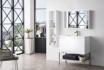 Mantova 35.4" Single Vanity, Glossy White, Champagne Brass Base w/ Glossy White Composite Stone Top - Image 3