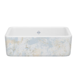 Shaws Lancaster™ 30″ Single Bowl Farmhouse Apron Front Fireclay Kitchen Sink With Patina Design In Patina Blue/Gold