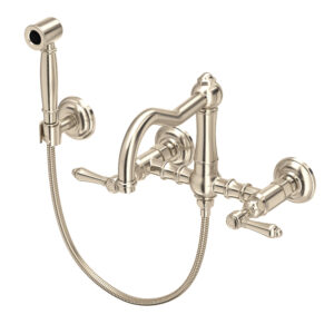 ROHL Acqui® Wall Mount Bridge Kitchen Faucet With Sidespray And Column Spout In Satin Nickel