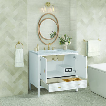 Myrrin 36" Vanity, Bright White w/ 3 CM Carrara White Marble Top - Image 4