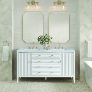 Myrrin 60" Double Vanity, Bright White w/ 3 CM Carrara White Marble Top - Image 2
