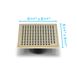 QM Lagos Series. Mira Line. 5 3/4″ Square Drain. Gold