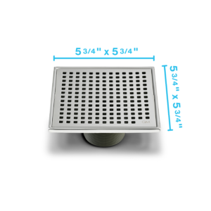 QM Lagos Series. Mira Line. 5 3/4″ Square Drain. Satin fin.