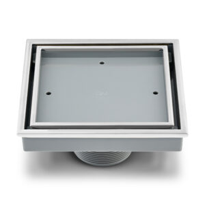 QM Lagos Series. Veil Line. 5 3/4″ Square Drain. Satin fin.