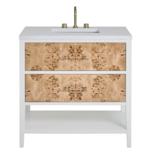 Olena 36″ Single Vanity, Light Mappa Burl and Polished White