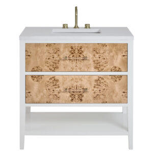 Olena 36″ Single Vanity, Light Mappa Burl and Polished White