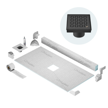 QM Center Shower Pan Kit 32" x 63" with 4" Lotus Square Drain in Black