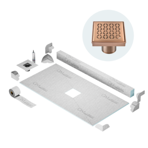 QM Center Shower Pan Kit 32″ x 63″ with 4″ Lotus Square Drain in Bronze