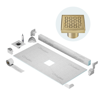 QM Center Shower Pan Kit 32" x 63" with 4" Lotus Square Drain in Gold